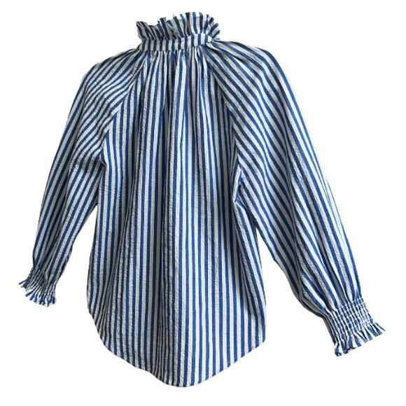 Veronica Beard Calisto Washed Blue White Ruffle Collar Button Revolve Shirt S - Picture 7 of 14